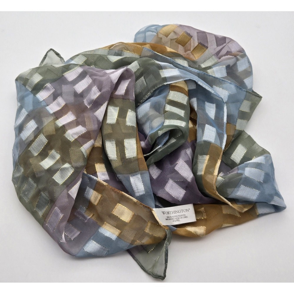 Worthington Womens Sheer Scarf 13x60 Blue Gold Geometric Metallic Stripe Squares